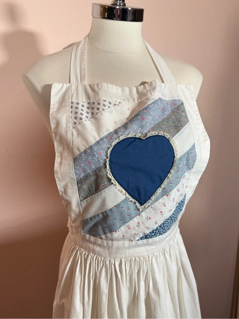 Handmade cottagecore Quilted Blue white ruffled Heart apron